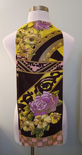 Baroque Rose Scroll Checkerboard Oblong Satin Scarf Brown Yellow Pink Lav 57"