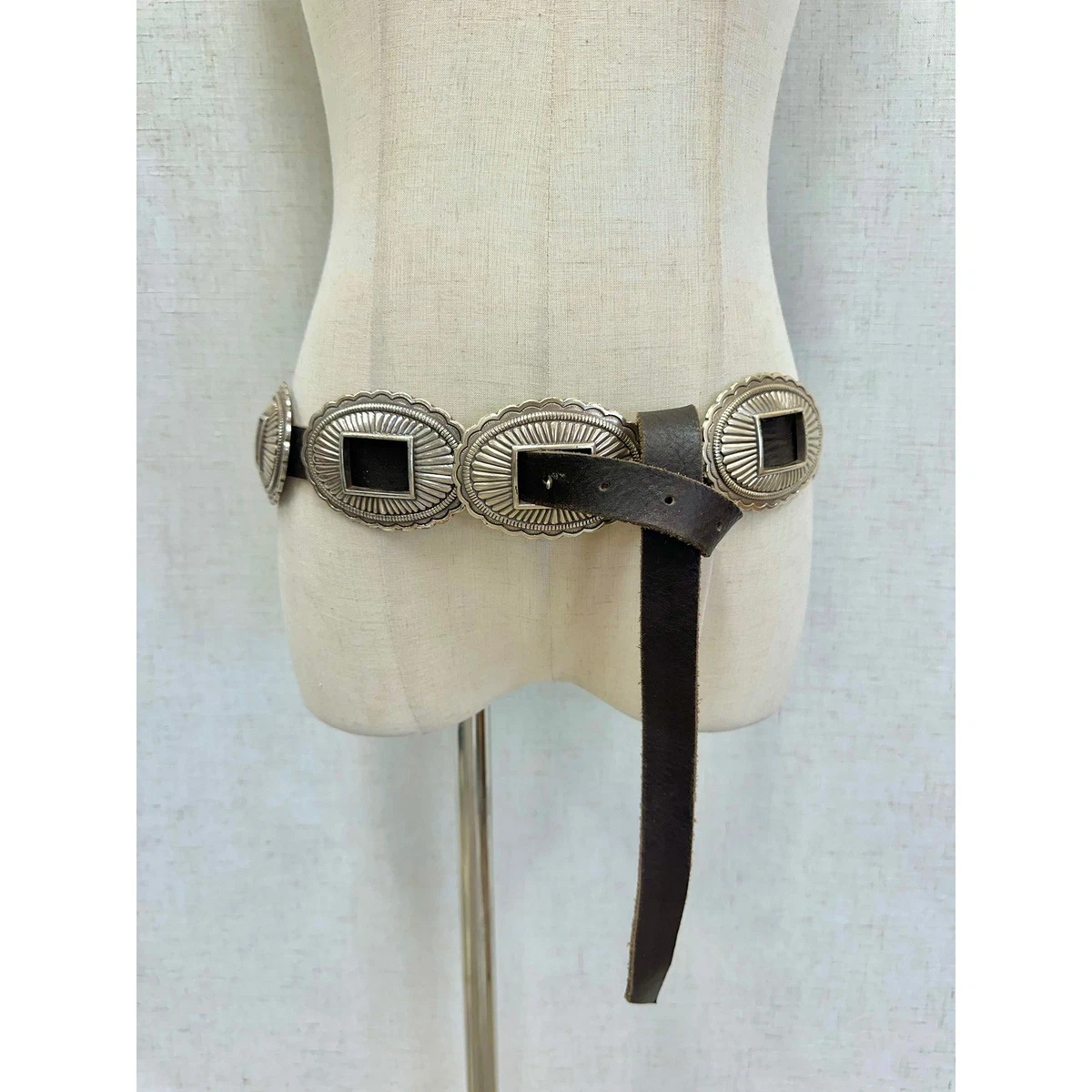 Vtg 80s Billy Brown Leather Concho Belt Silver Coated Pewter S/M Western Boho Silver Concho Belt In Vintage Belts for sale | eBay main image 2