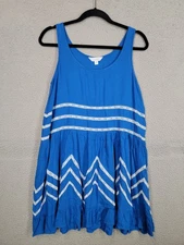 Blue Chevron Sundress Medium Ruffled Tiered Knee Length Boho Maxi Resort 