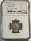 1937-D NGC AU Details 3 Legged Buffalo 5 Cent Nickel 3 Legs Obv Scratched