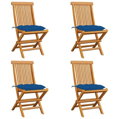 Gartenstühle mit Blauen Kissen 4 Stk. Massivholz Teak