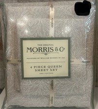 William Morris QUEEN Sheet Set Sheets Natural Taupe White Floral Leaves Tan