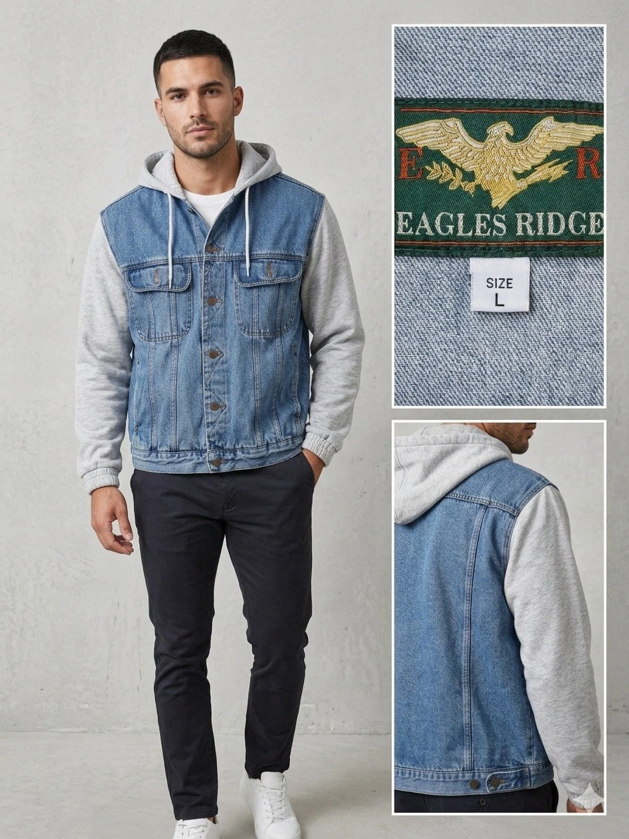 Eagles Ridge Hooded Denim Jacket Blue Gray Men's L Button Drawstring