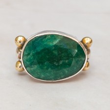 Sterling Silver & Brass Oval Emerald Ring Size 7.5