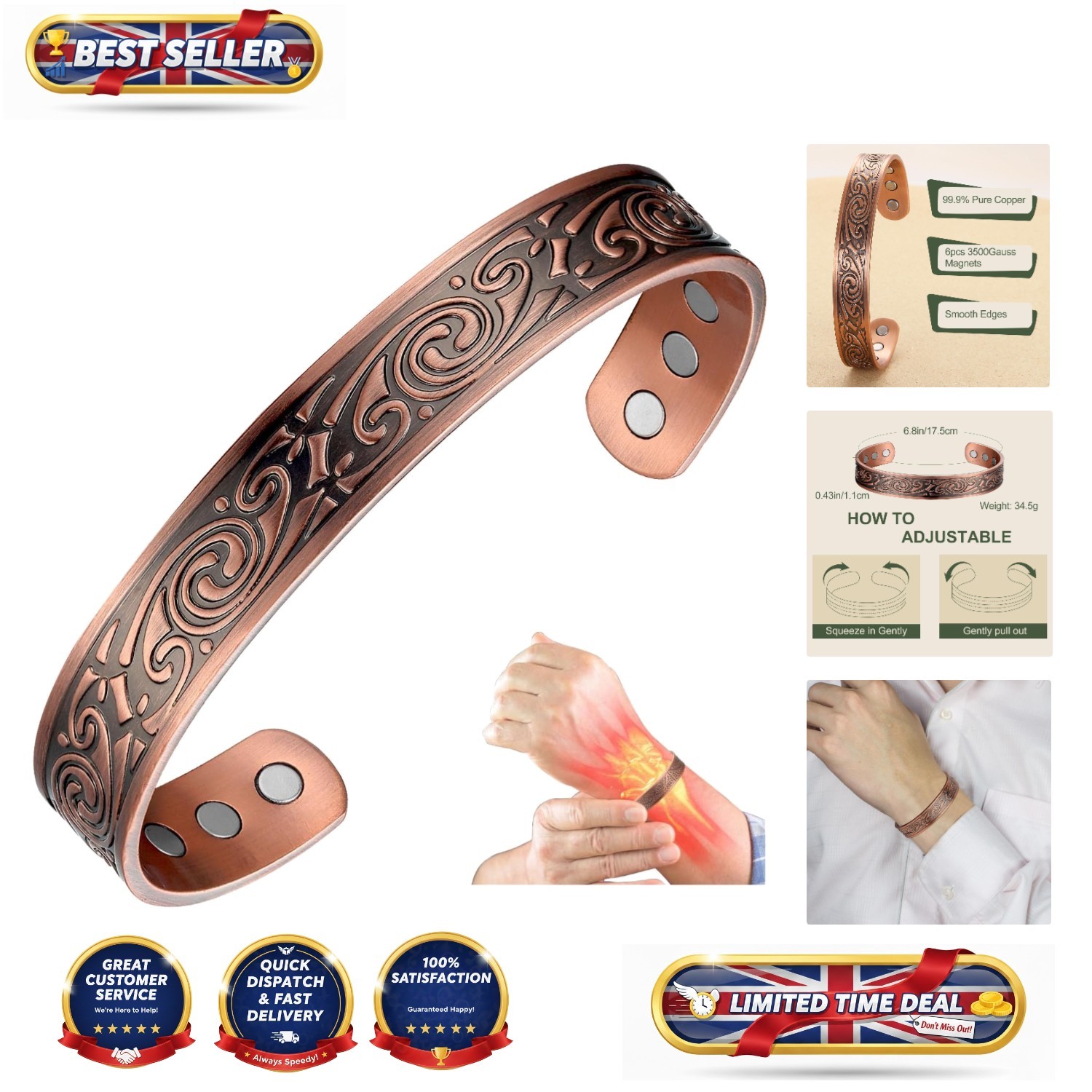 99.9% Pure Copper Magnetic Bracelet - Adjustable Cuff Bangle for Health Benefits