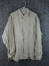 Perry Ellis Men’s XL Linen Button Front Shirt Beige White Vertical Stripe Casual