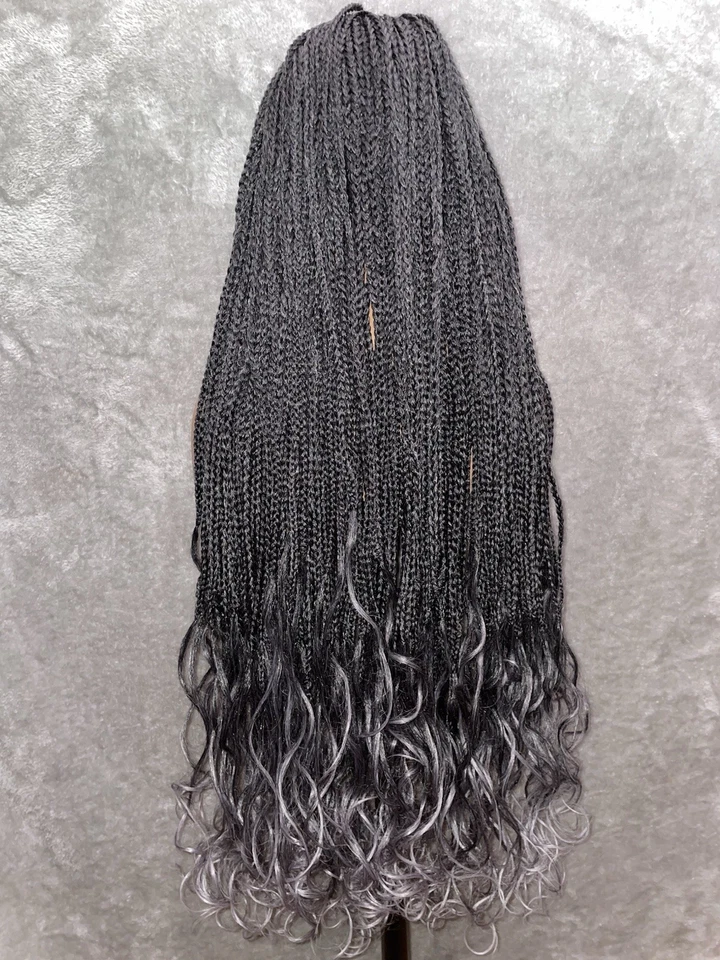 "Peluca trenzada de caja larga de 40"" - Frente de encaje | Extremos rizados negros/grises | Gorra de malla sintética" Foto 4 de 4
