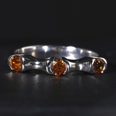 Natural Orange Sapphire Three Stone Sterling Silver Ring Stack Band Size M / 6