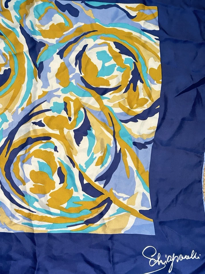 Bufanda Schiaparelli Pura Seda Mediados de Siglo Mod Azul Dorado Turquesa Foto 4 de 4