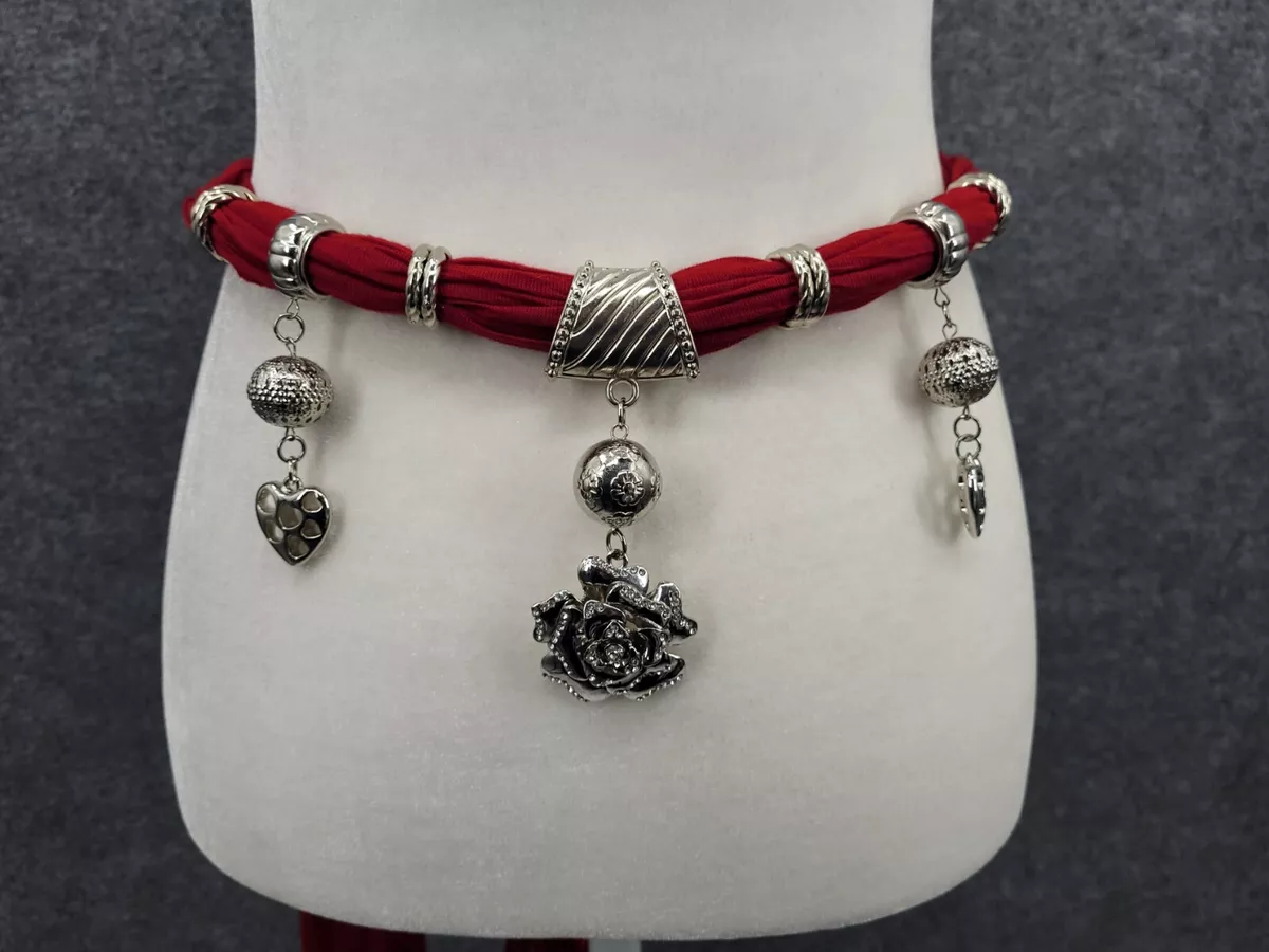 Red Cloth Sash Belt with Charms Adjustable Silver Tone Gemstone
