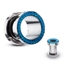 PAIR-Opalite Blue Pacific Gems Steel Screw On Ear Tunnels 03mm/8 Gauge 