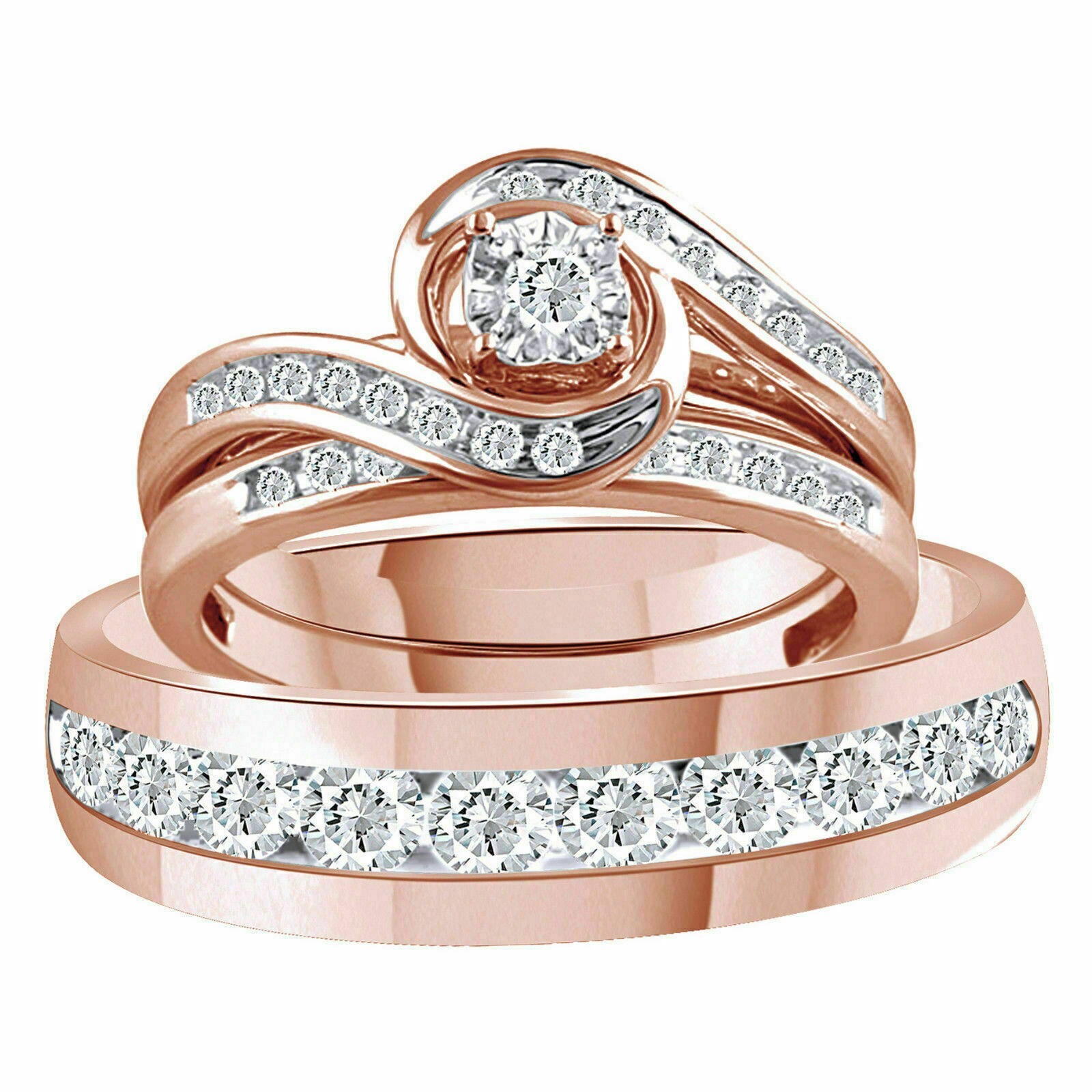 Lab Created Diamond Wedding Rose Gold Plated Trio His & Her Bridal Ring