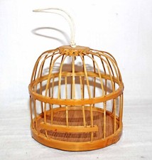 Miniature 4" Vintage Chinese Bamboo Footed Bird Cages Asian Decor