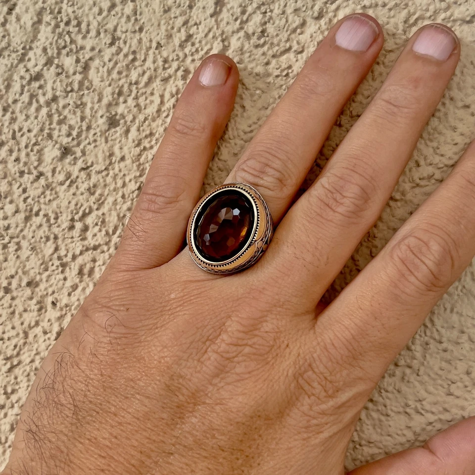 男式烟熏石英戒指 925 纯银土耳其珠宝尺寸 7-15 — 第 3/4 张图片