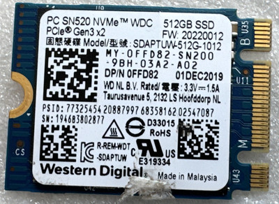 Western Digital PC SN520 512GB NVMe M.2 2230 PCIe Gen3 x2 SSD