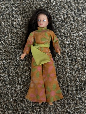 Uneeda Little Miss Dollikin Doll Triki Miki Brunette Hair Orange Jumpsuit 1970