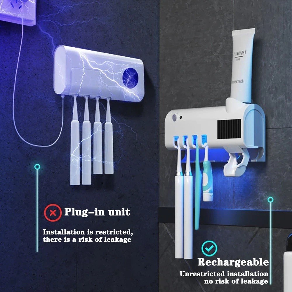 UV Light Toothbrush Sterilizer Holder & Automatic Toothpaste Dispenser Cleaner