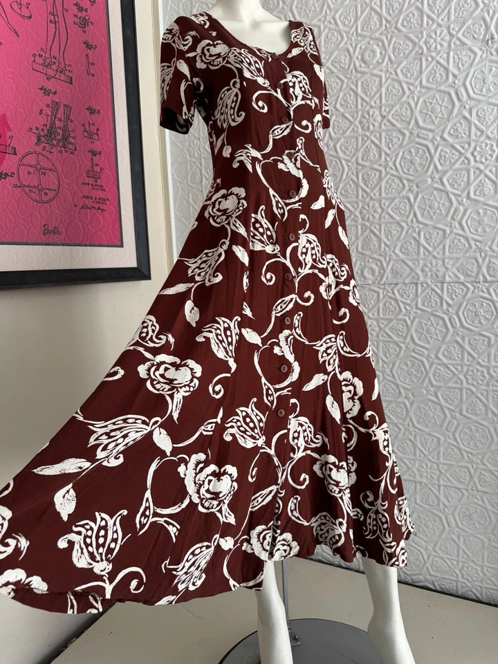 Vintage 1990s Era Floral Print Dress Brown-Maroon-Hawaiian Foliage-Medium-Maxi - Image 2 of 4