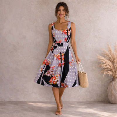 Simply B Damen flieder schwarz Blumen Anlass Party Sommerkleid UK 14