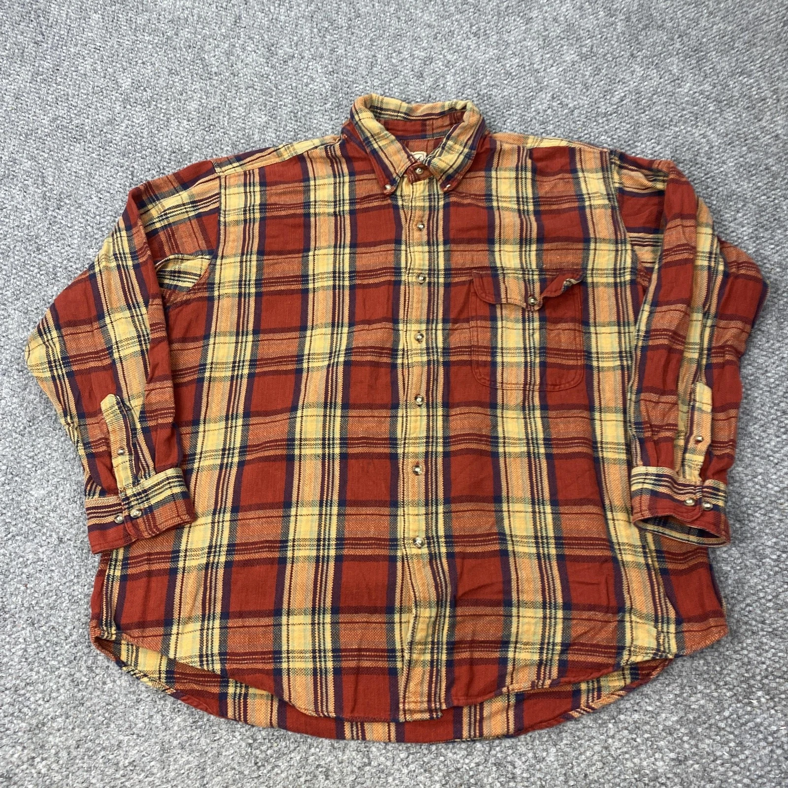 Woolrich Shirt Mens XL Rust Yellow Plaid Flannel Pearl Snap Long Sleeve Outdoor