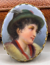 ANTIKE BROSCHE MINIATURMALEREI handbemalt Miniatur um 1850 Porzellan