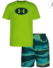NWT UNDER ARMOUR 2 pc Lime Green Logo UPF 50 Rashguard  Swim Trunks Boy size 5