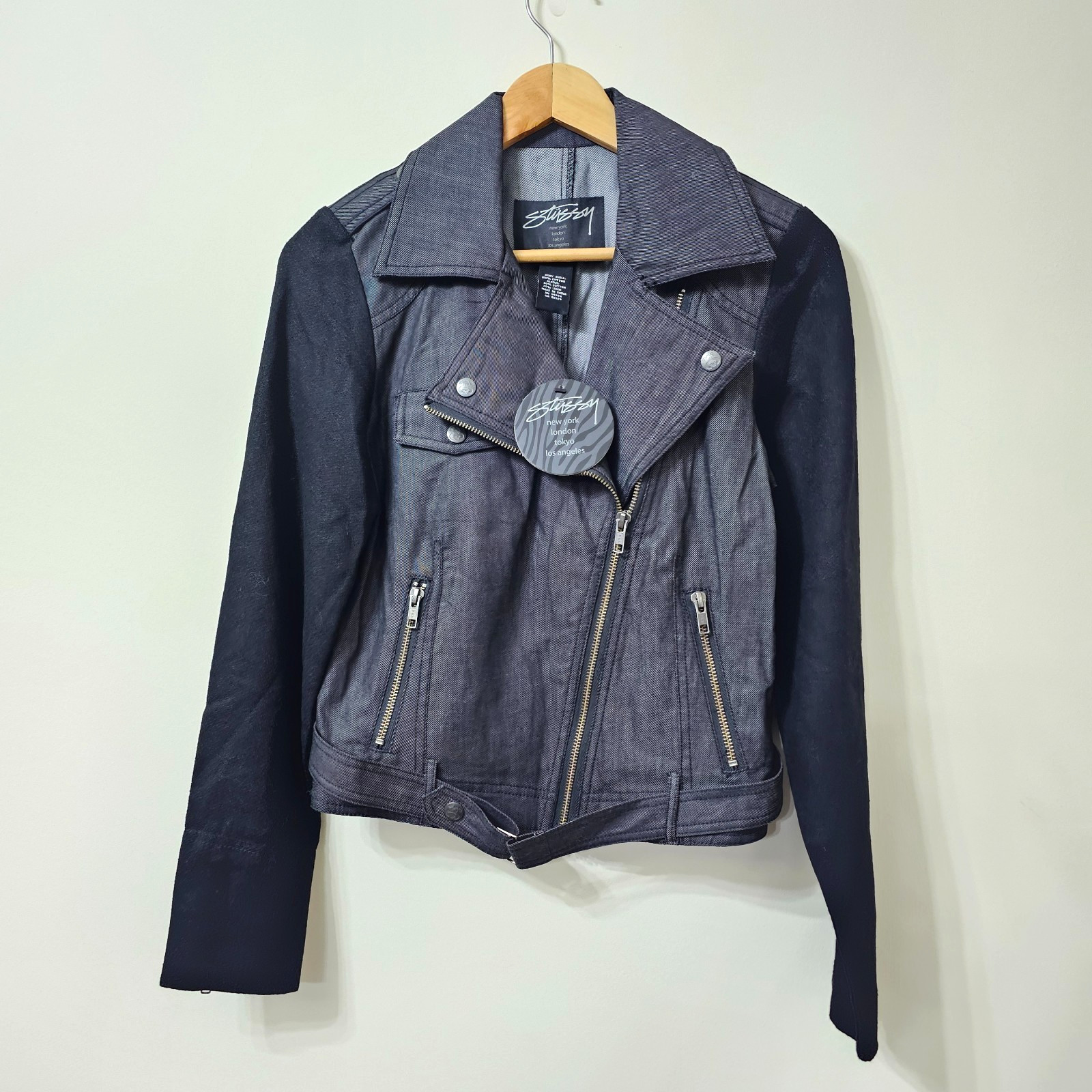 Stüssy women's denim biker jacket black sleeves size S Ryder Crop Moto Jacket