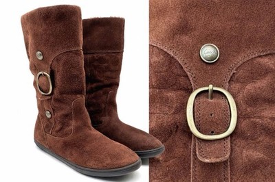 Vintage Coach Signature Suede Boots 8.5 Brown Fur Lined Mid Calf Buckle Pull-On