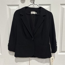 Eliza J Black Twill Lined Blazer Ruched Sleeves One-Button 3/4 Sleeve S