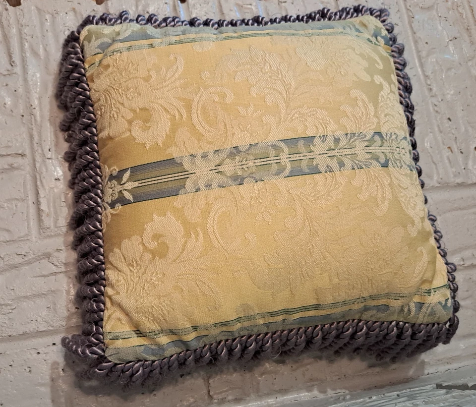 Decorative Silk Throw Pillow With A Damask Pattern & Rope Fringe Trim 10" X 10" - Image 2 of 4