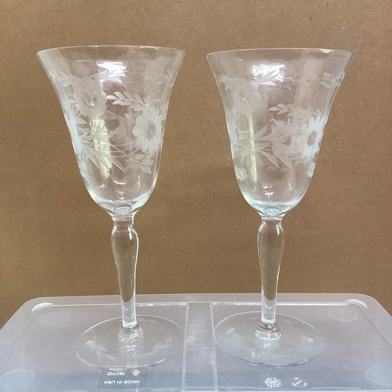 VTG 2 Floral Etched Crystal Water Goblets, Bulbous Stems