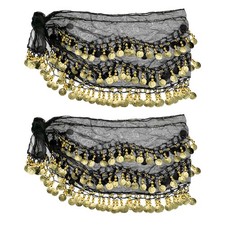 Belly Dance Hip Scarf 57 x 11 , 2 Pack Women Belly Dance Skirt, Black