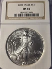 2005 American Silver Eagle NGC MS69 Brown Label -Blast White Gem!
