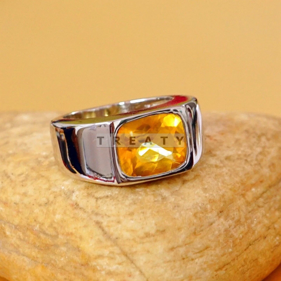 Cojín de citrino corte con anillo chapado en oro de plata de ley 925 para hombre #B793 * Foto 3 de 4