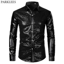Black Sequins Glitter Dress Shirt Mens Long Sleeve Button Down Party Dance Shirt