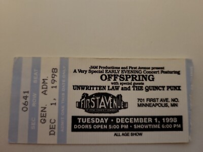 The Offspring 12/1/1998 First Avenue Ticket Stub