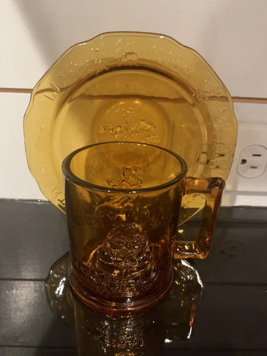 Vintage Indiana Glass Amber Nursery Rhyme Mug & Bowl EUC Cottage Core Babys Room