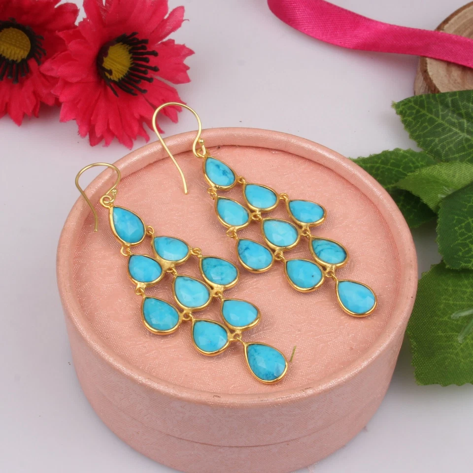 Pendientes araña de boda de plata 925 enchapados en oro de 18 quilates con piedras preciosas de turquesa Foto 4 de 4