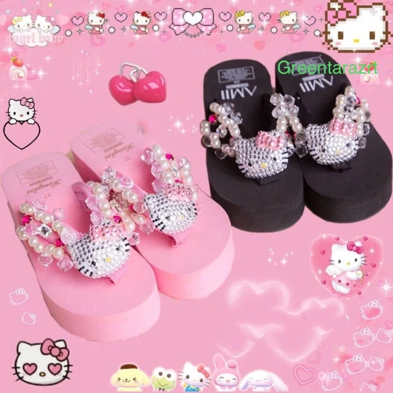 Hello Kitty Flip Flops Women Platform Shoes Summer Fashion High Heels Slipper