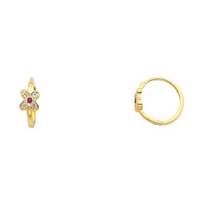 Ioka - 14K Yellow Gold Flower CZ Stone Huggies Hinged Earrings