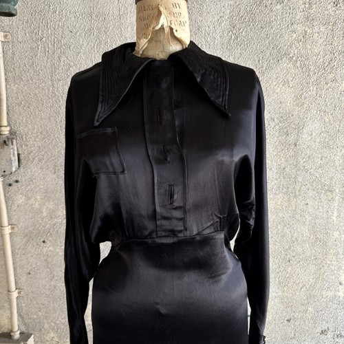 Vintage 1930s Black Silk Satin Gown Dress Art Deco Maxi Long Sleeve Keyhole - Picture 2 of 23
