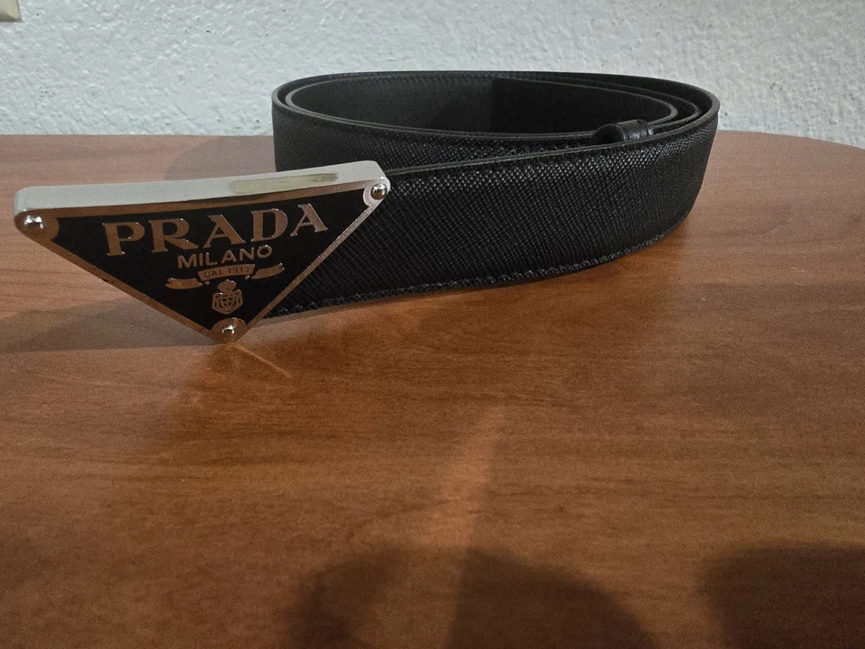 Ремень Prada черный кожаный серебристый треугольный логотип размер ЕС 90 / США 30-33 - Изображение 2 из 4