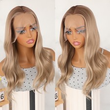 Loose Wavy Ash Blonde Ombre Brown Hair Synthetic Lace Front Wig Glueless Natural
