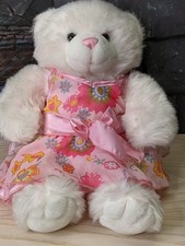 Vintage 1997 Build A Bear Plush White Teddy Bear Pink Nose Flower Dress Gift 15"