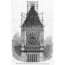 WESTMINSTER Building of Clock Tower at Houses of Parliament - Antique Print 1856