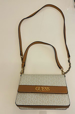 GUESS Beige/Brown Logo Crossbody Bag Magnetic Flap Detachable Strap Gold