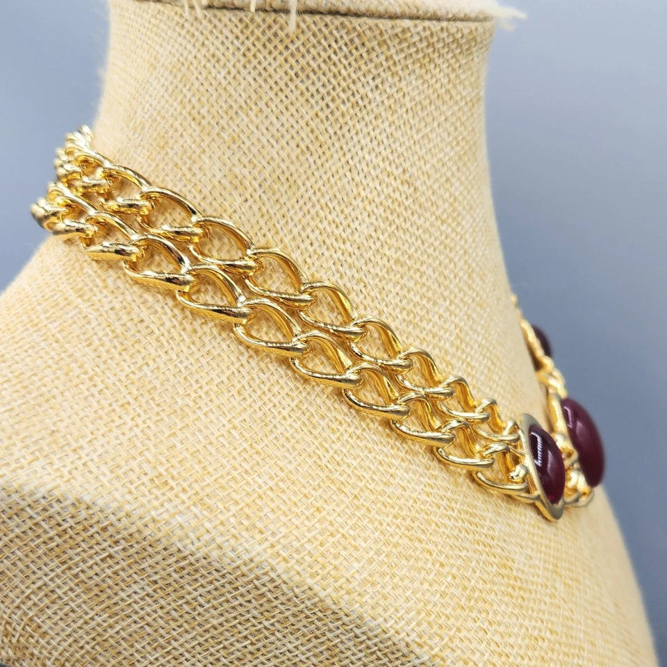 VTG New w/ Tag Napier MILANO Red Gripoix Cab Gold Tone Double Chain Necklace 16" - Image 4 of 4