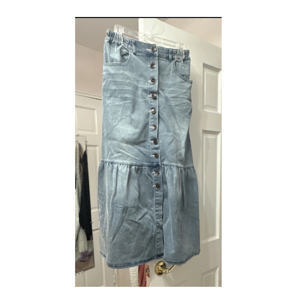 Macys Denim Button Front Maxi A-Line Skirt Elastic Waist Pockets M