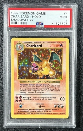 CHARIZARD SHADOWLESS HOLO PSA 9 1999 POKEMON #4/102 HOLO RARE MINT