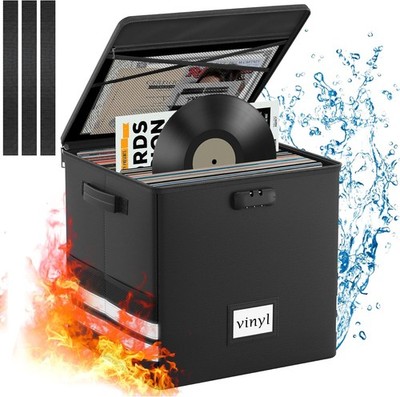 Vinyl Record Storage Box with Lock, Fireproof Waterproof Resistant Organizer for